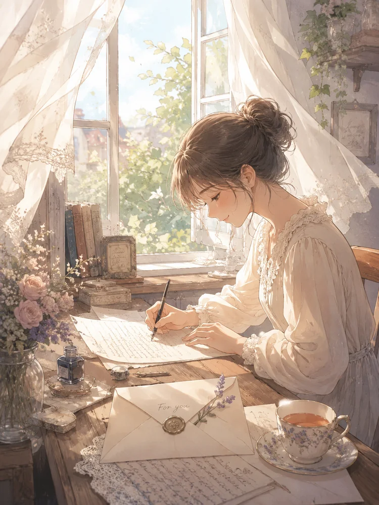 光が差す窓辺で手紙を書く女性のイラスト