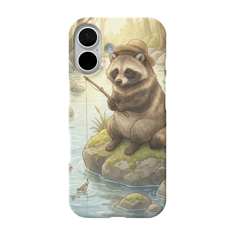 川辺で釣りをする動物を描いたスマホケース