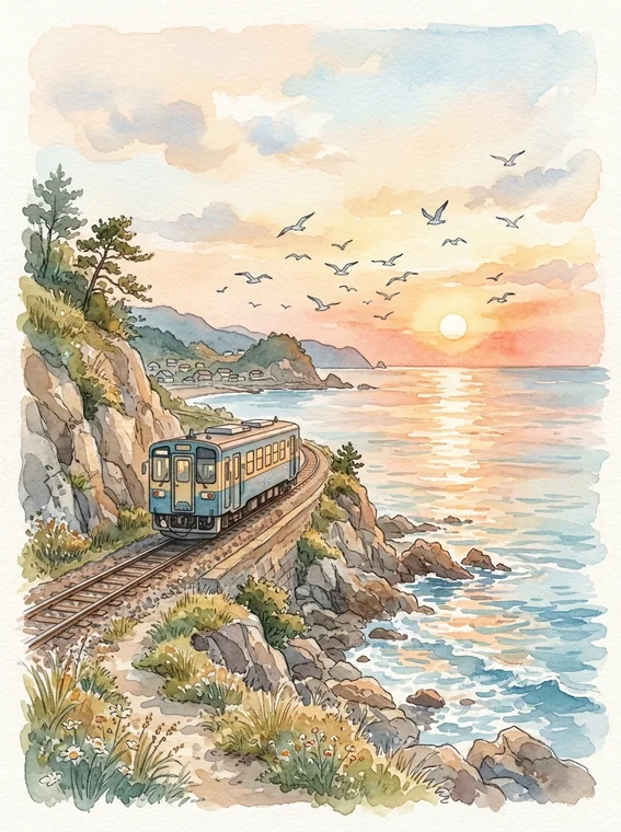 夕日が差す海岸沿いを走る列車の水彩風イラスト